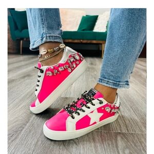 Vintage Havana Neon Pink and White Embellished Platform Sneakers